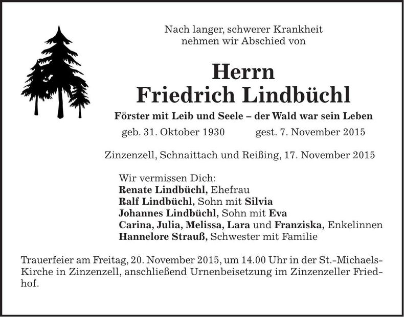 Traueranzeige Friedrich Lindbüchl