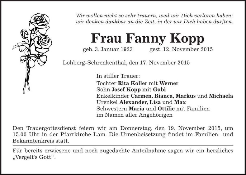 Traueranzeige Fanny Kopp