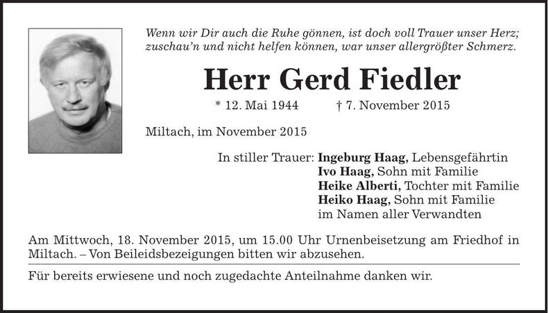 Traueranzeige Gerd Fiedler