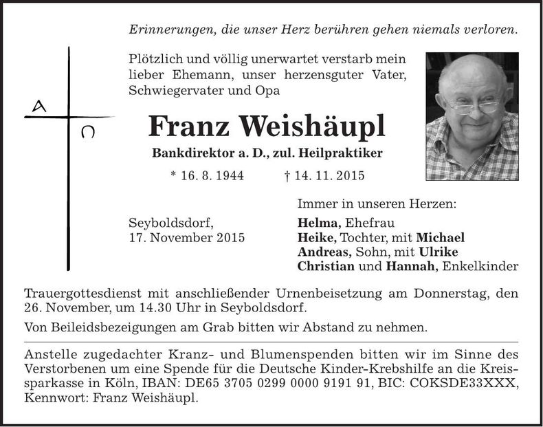 Traueranzeige Franz Weishäupl