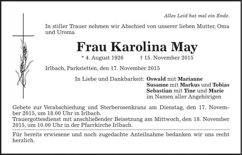 Traueranzeige Karolina May