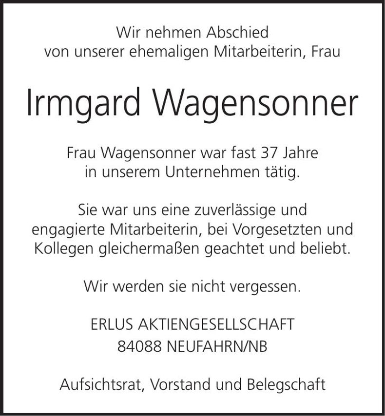 Traueranzeige Irmgard Wagensonner