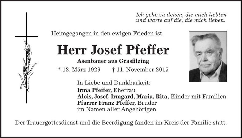 Traueranzeige Josef Pfeffer