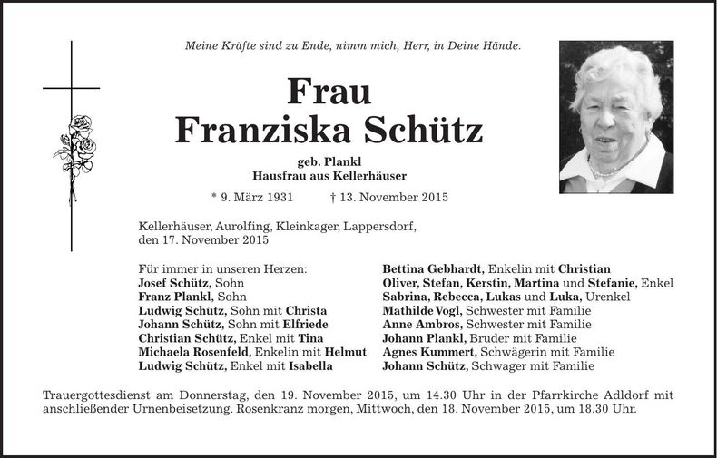 Traueranzeige Franziska Schütz