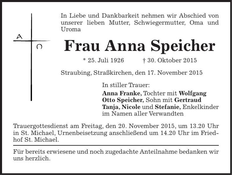 Traueranzeige Anna Speicher