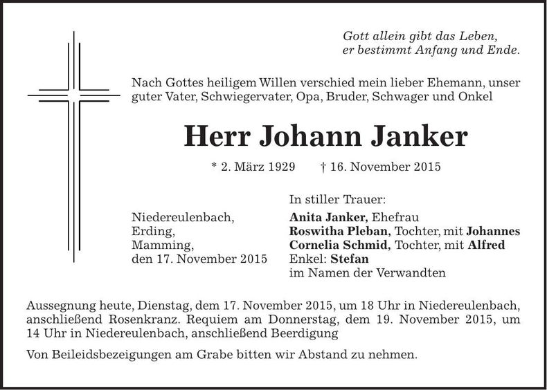 Traueranzeige Johann Janker