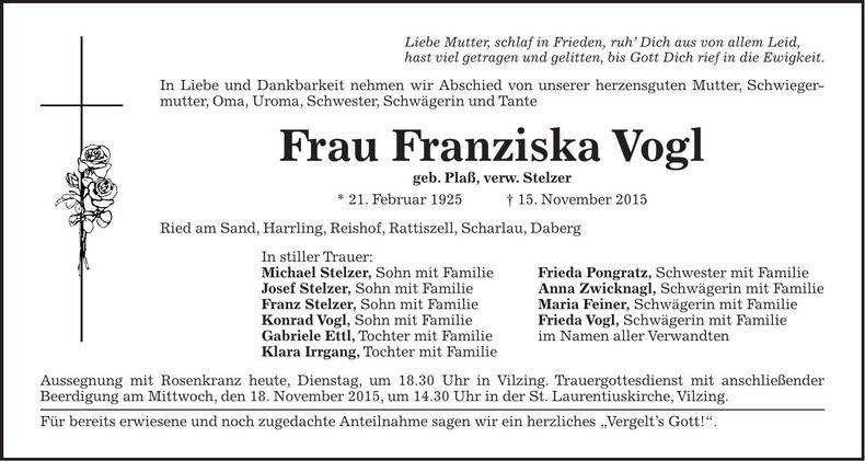 Traueranzeige Franziska Vogl