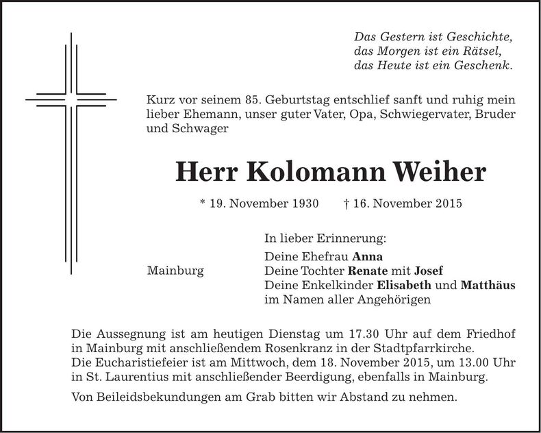 Traueranzeige Kolomann Weiher
