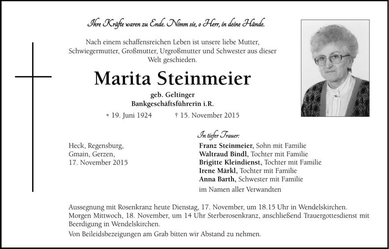 Traueranzeige Marita Steinmeier