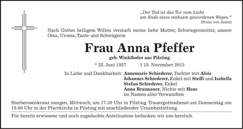 Traueranzeige Anna Pfeffer