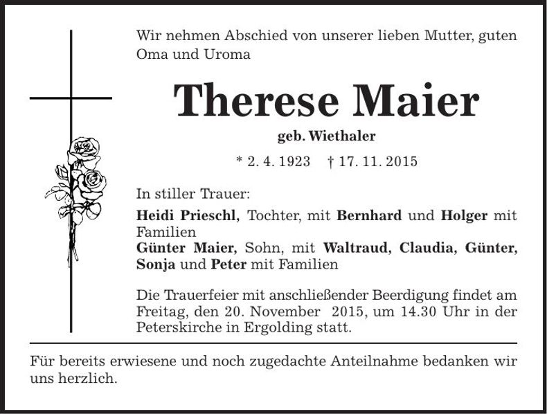 Traueranzeige Therese Maier