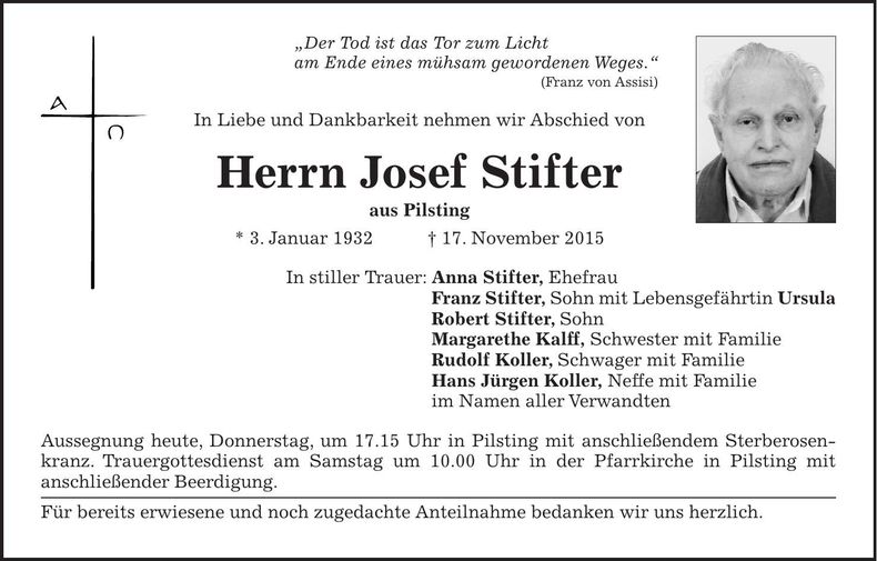 Traueranzeige Josef Stifter