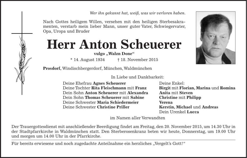 Traueranzeige Anton Scheuerer