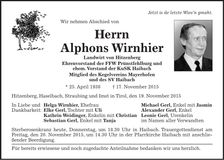 Traueranzeige Alphons Wirnhier