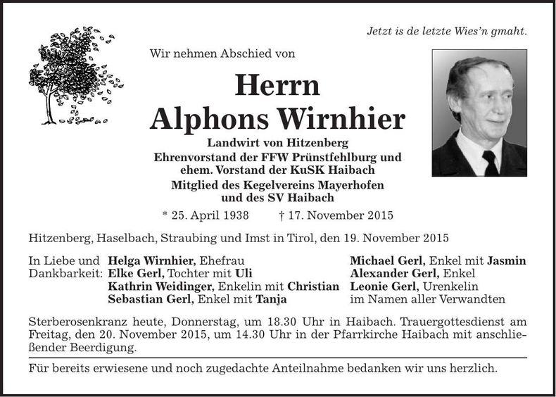 Traueranzeige Alphons Wirnhier