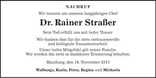 Traueranzeige Rainer Straßer
