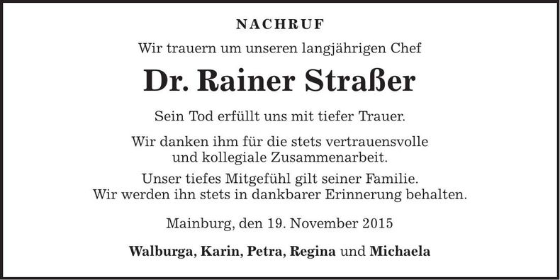 Traueranzeige Rainer Straßer