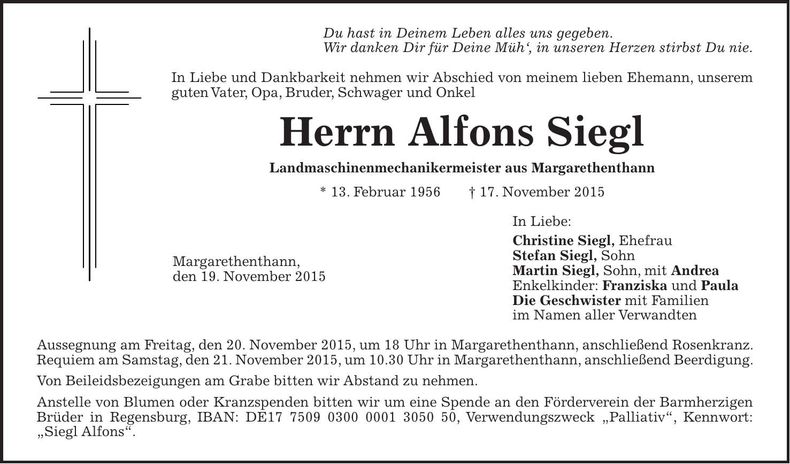 Traueranzeige Alfons Siegl