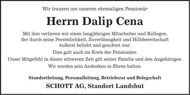Traueranzeige Dalip Cena