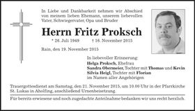 Traueranzeige Fritz Proksch