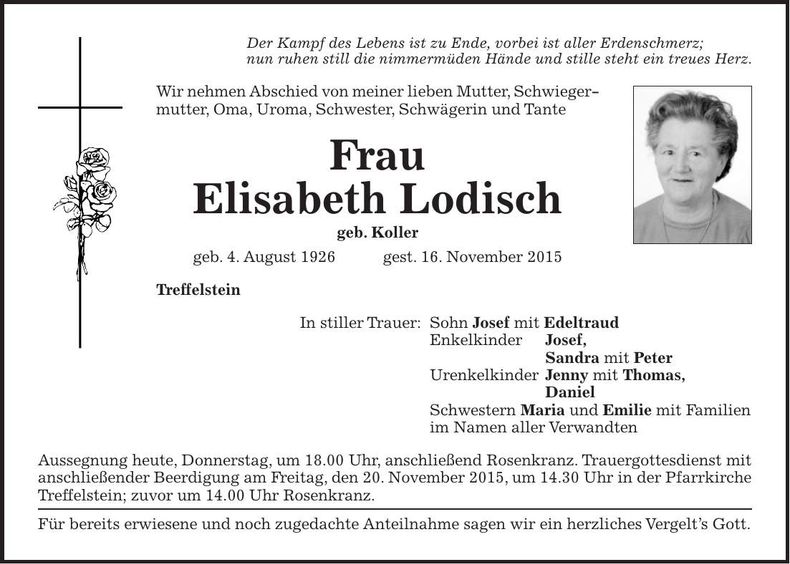 Traueranzeige Elisabeth Lodisch