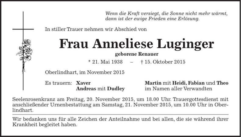 Traueranzeige Anneliese Luginger