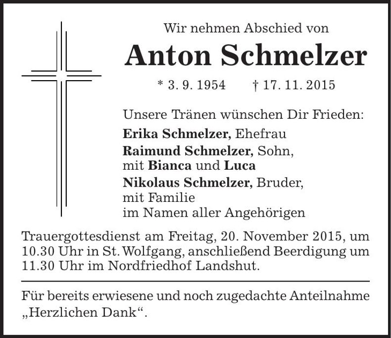 Traueranzeige Anton Schmelzer