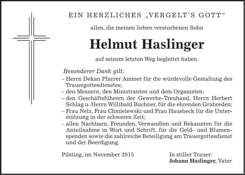 Traueranzeige Helmut Haslinger