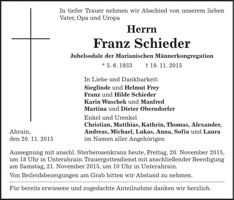 Traueranzeige Franz Schieder