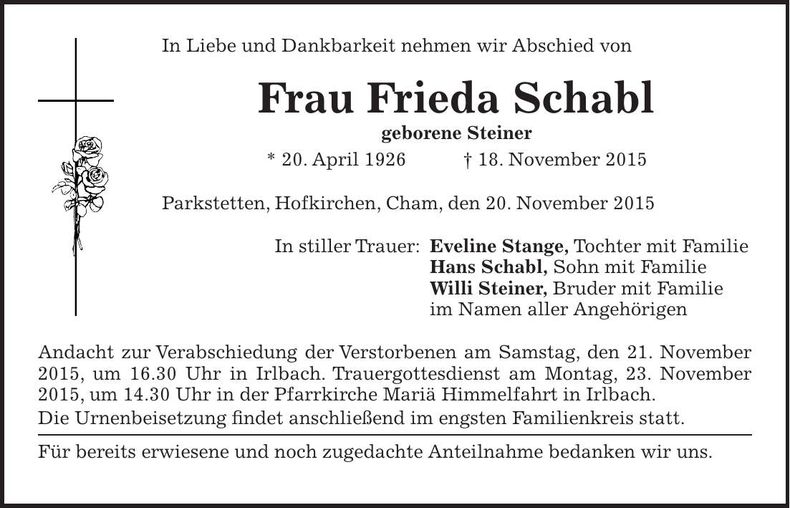 Traueranzeige Frieda Schabl