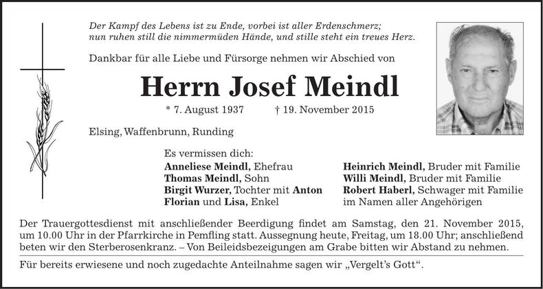 Traueranzeige Josef Meindl