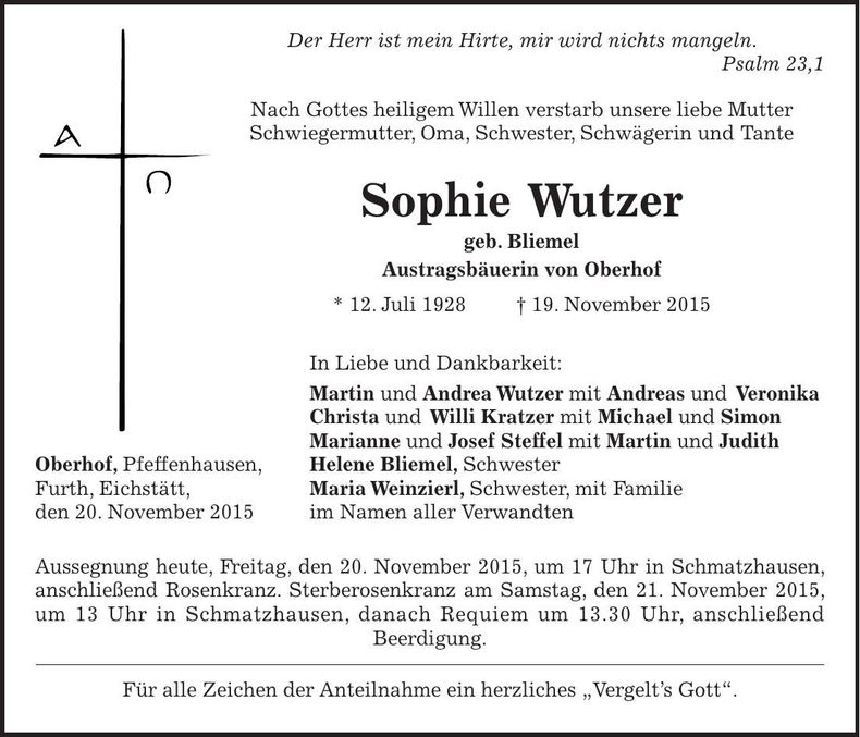 Traueranzeige Sophie Wutzer