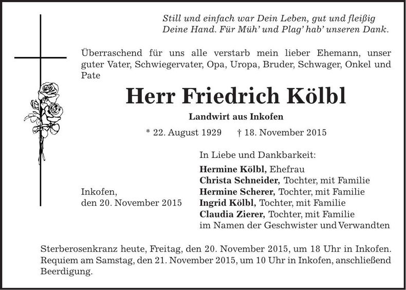 Traueranzeige Friedrich Kölbl