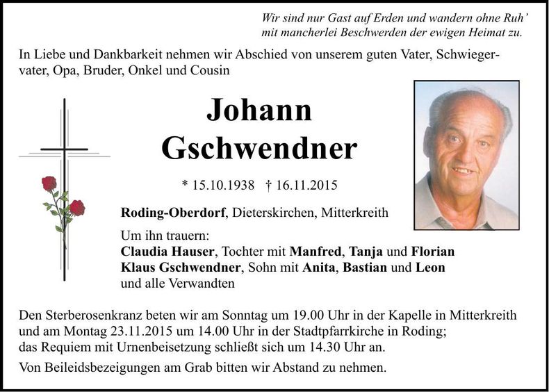 Traueranzeige Johann Gschwendner
