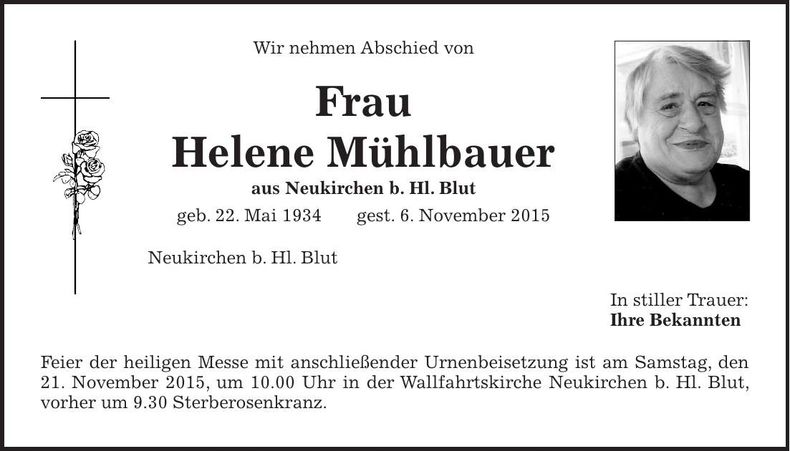 Traueranzeige Helene Mühlbauer