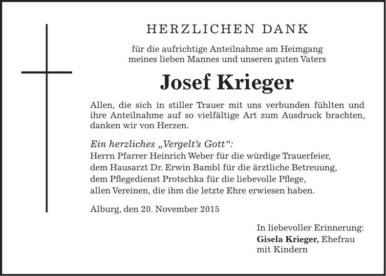 Traueranzeige Josef Krieger