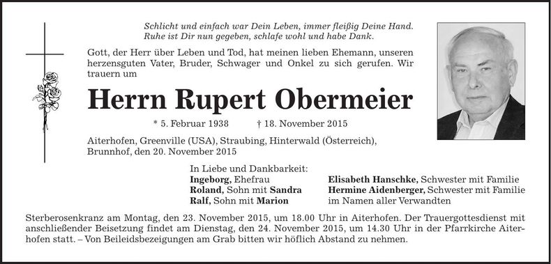 Traueranzeige Rupert Obermeier