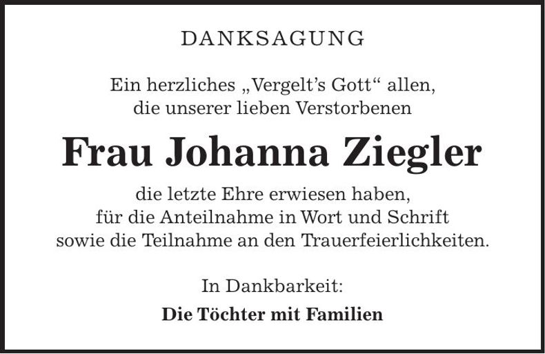 Traueranzeige Johanna Ziegler