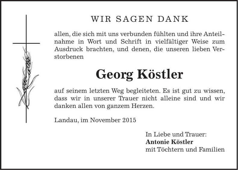 Traueranzeige Georg Köstler