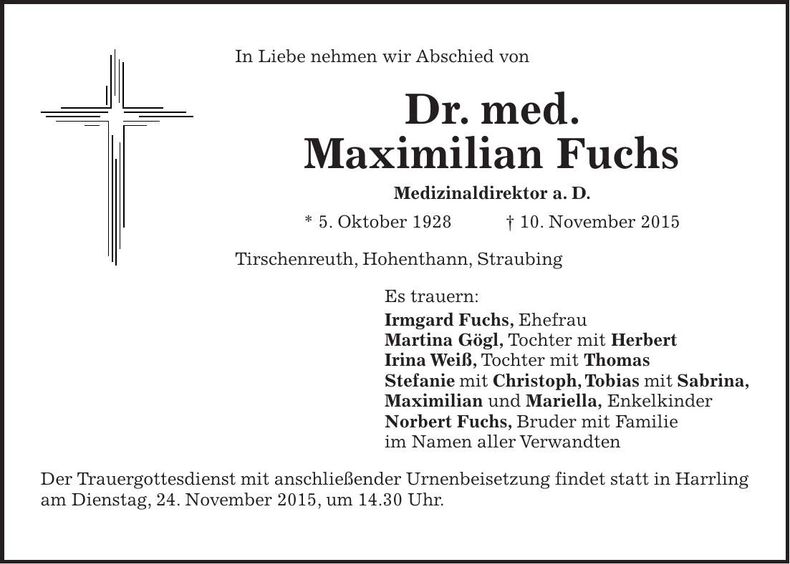 Traueranzeige Maximilian Dr. med Fuchs