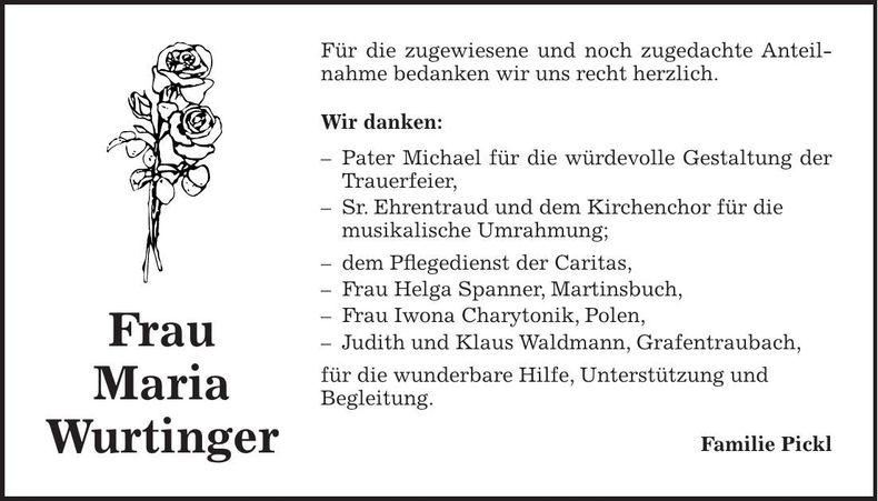 Traueranzeige Maria Wurtinger