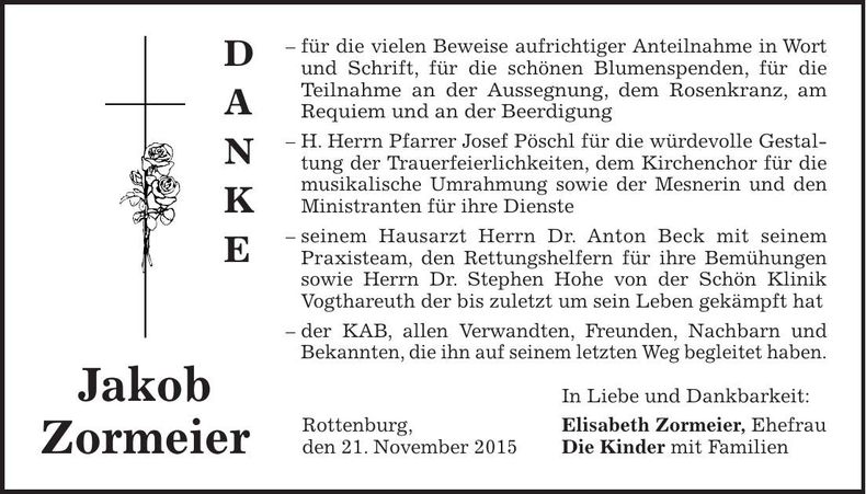 Traueranzeige Jakob Zormeier