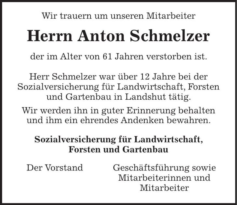 Traueranzeige Anton Schmelzer