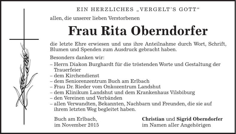 Traueranzeige Rita Oberndorfer