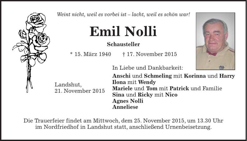 Traueranzeige Emil Nolli