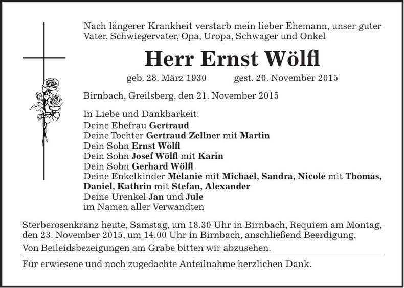 Traueranzeige Ernst Wölfl