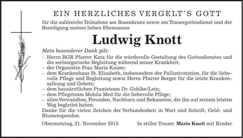 Traueranzeige Ludwig Knott