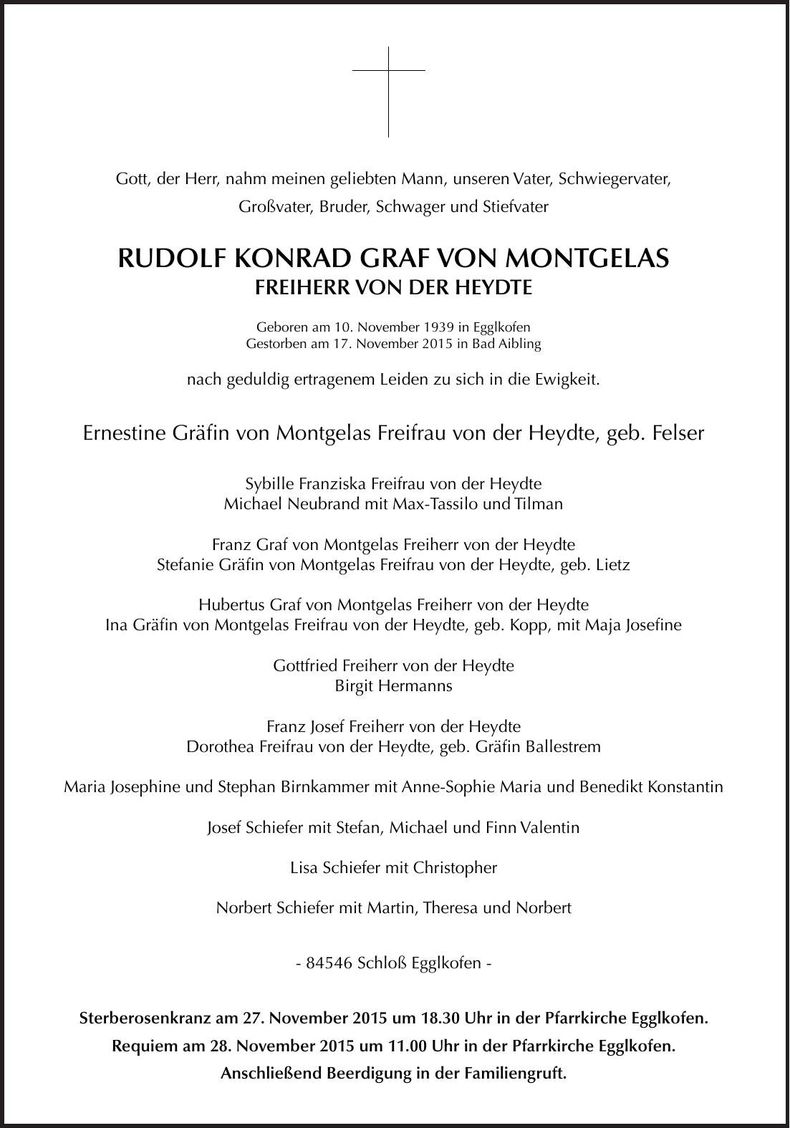 Traueranzeige Rudolf Konrad Graf von Montgelas
