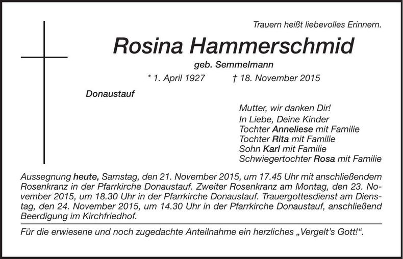 Traueranzeige Rosina Hammerschmid