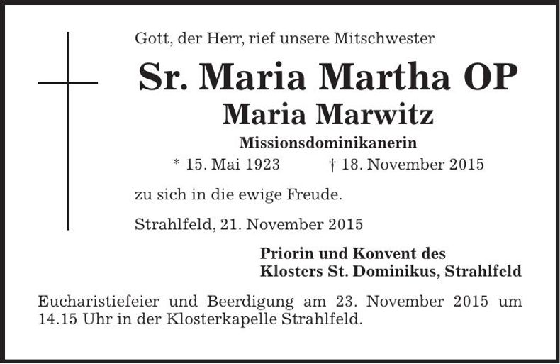 Traueranzeige Marwitz Maria Sr. Maria Martha OP
